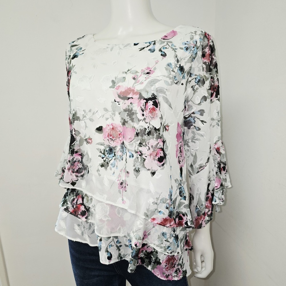 Alex Evenings Blouse Top Brocade Floral Layered Ruffle 3/4 Slv Cocktail Size L - Picture 3 of 9